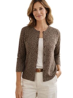 Garnet Hill Signature Eco Merino Wool Cardigan Size Small S Leopard Animal Print